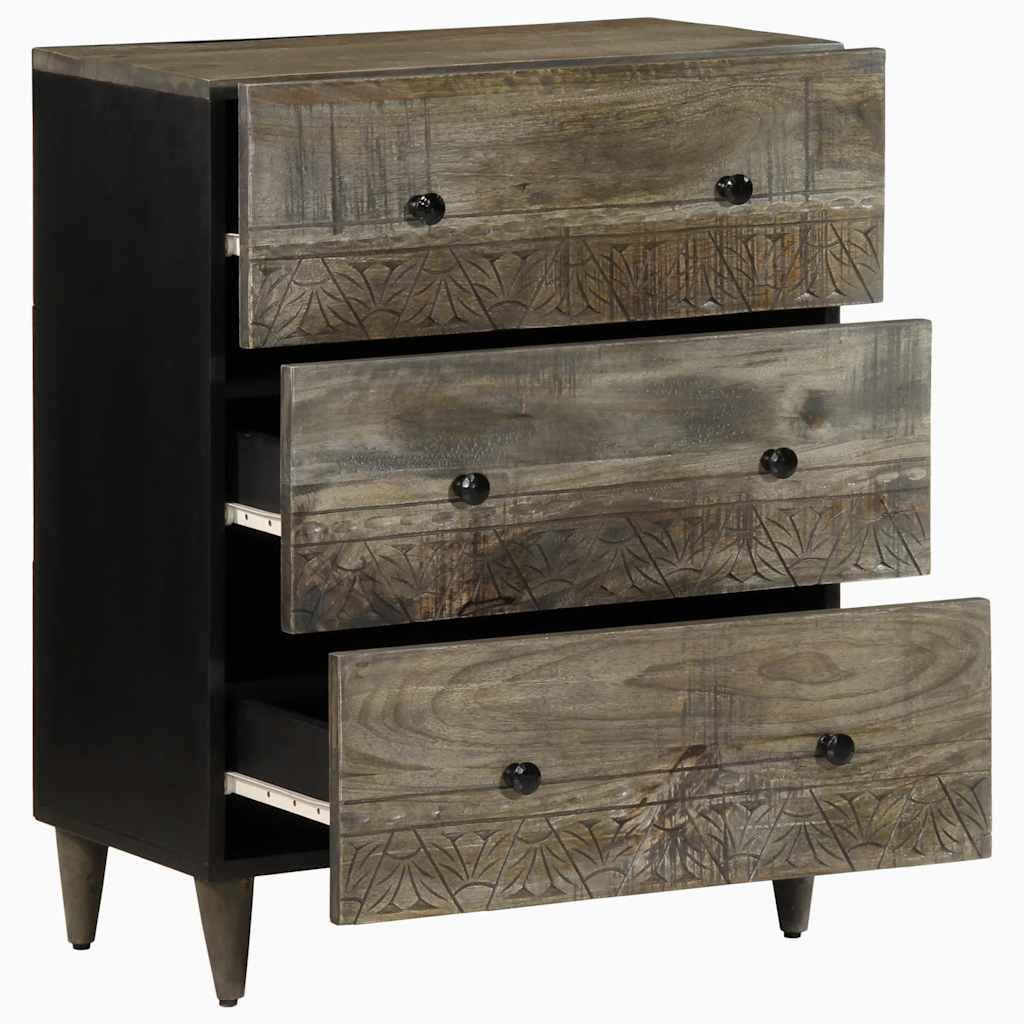 Sideboard Hellgrau Massivholz Mango 60x33,5x75 cm mit Schnitzfront, Stauraum Schrank, Aufbewahrungsschrank für Wohnzimmer, Büro, Flur, Schlafzimmer