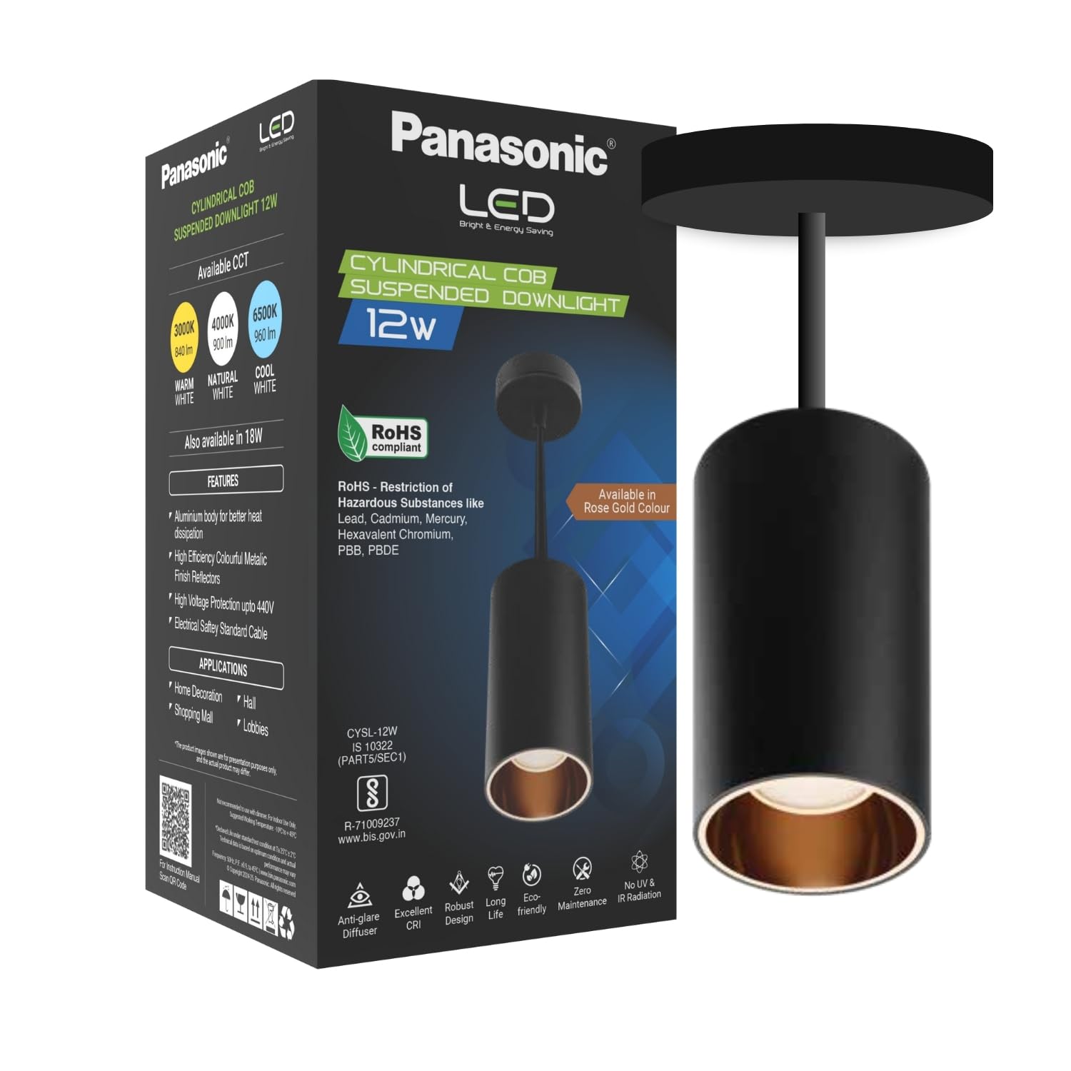 Panasonic 12W Cylindrical Pendant Spotlight, Rose Gold Reflector, Pendant Ceiling Light for Home with Rose Gold Reflector (Cool White - PDHM01127)-image-25
