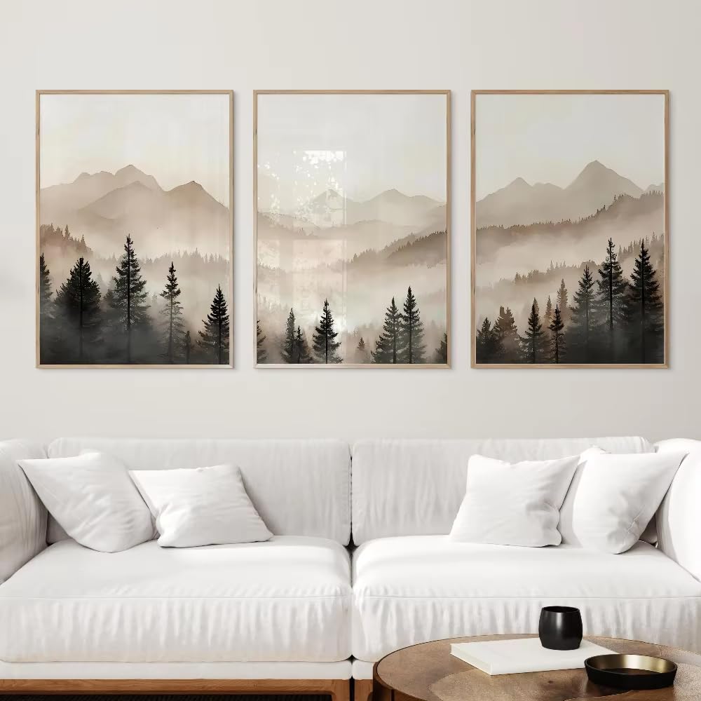 ZBELLO Abstract Forest Mountains Triptych Art Minimalist Modern Foggy Landscape Prints Nature Landscape Artwork Wall Decor for Living Room, Bedroom, Office (40×50 cm,Beige)
