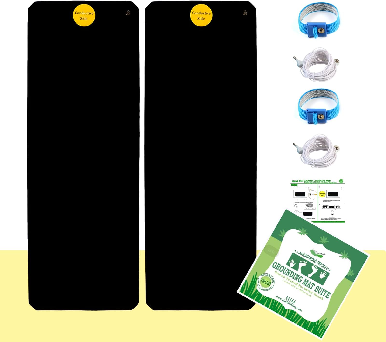 LandKissing Grounding Mat for Bed - Anti-Slip Bottom, Tangle-Free Cord | Enhanced Circulation, Reduced Inflammation, Pain Relief, Better Sleep | Home, Office, Meditation 26.7x9.8in (2 PK)