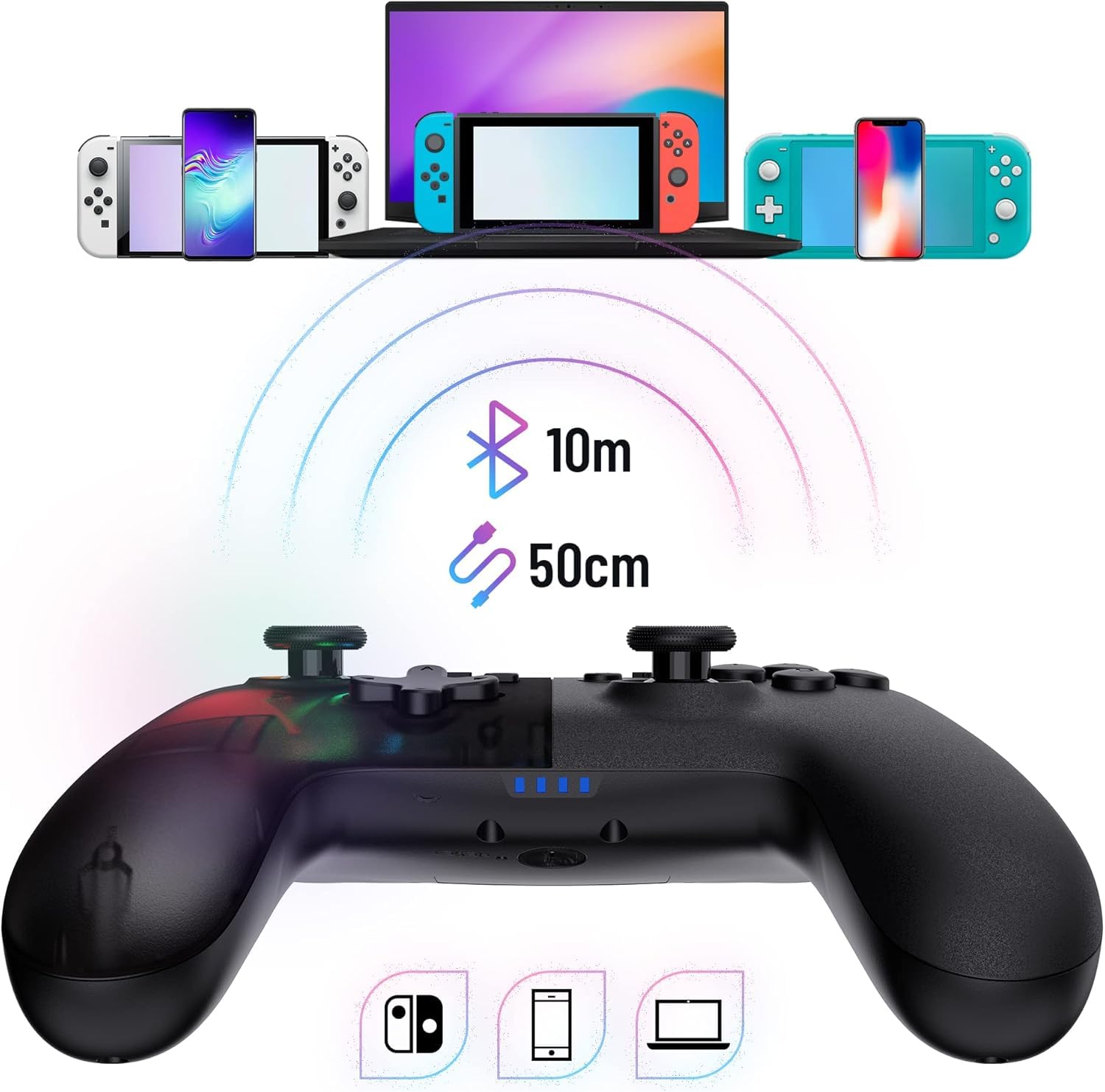 Black Star - Controller Switch Wireless LED Bluetooth per Switch, Switch OLED, Switch Lite (Compatibile con iOS e Android) - Vibrazione - modalità Turbo - Giroscopio a 6 Assi - Nero