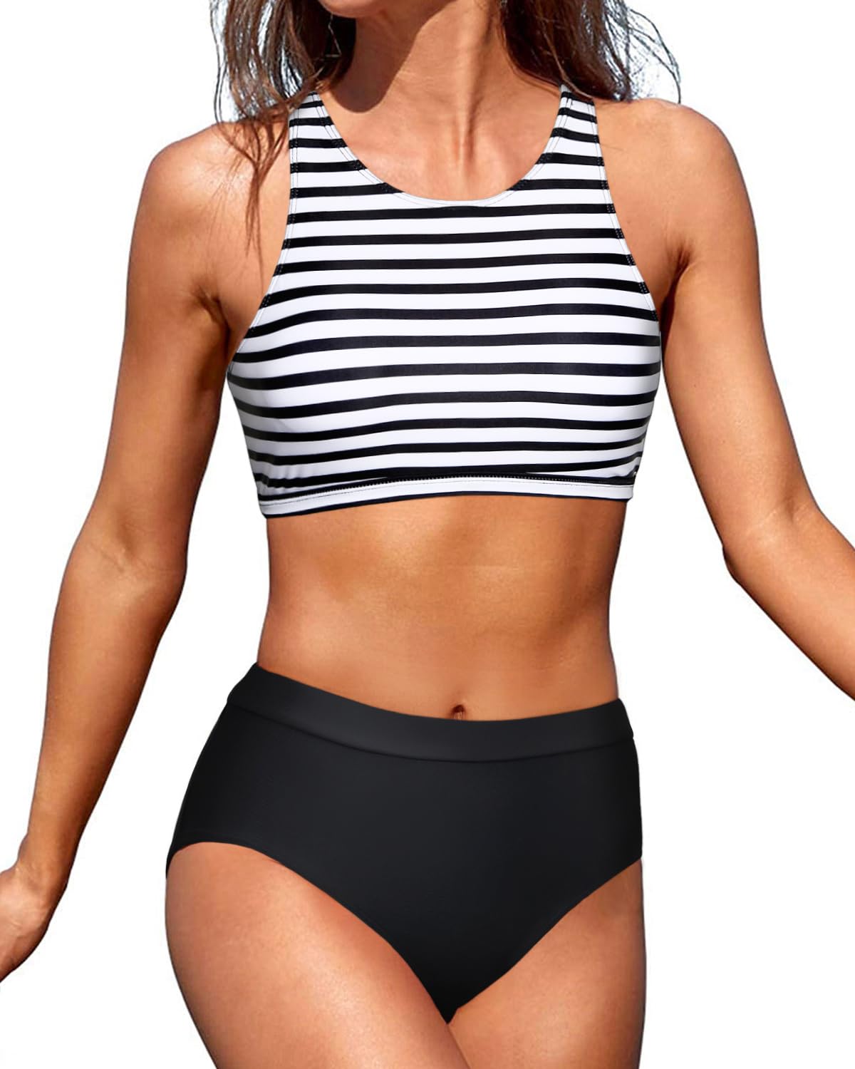 Tempt Me Women High Waisted Bikini Two Piece Swimsuits High Neck Crop Top Racerback Sporty Bathing Suits for Teen Girls