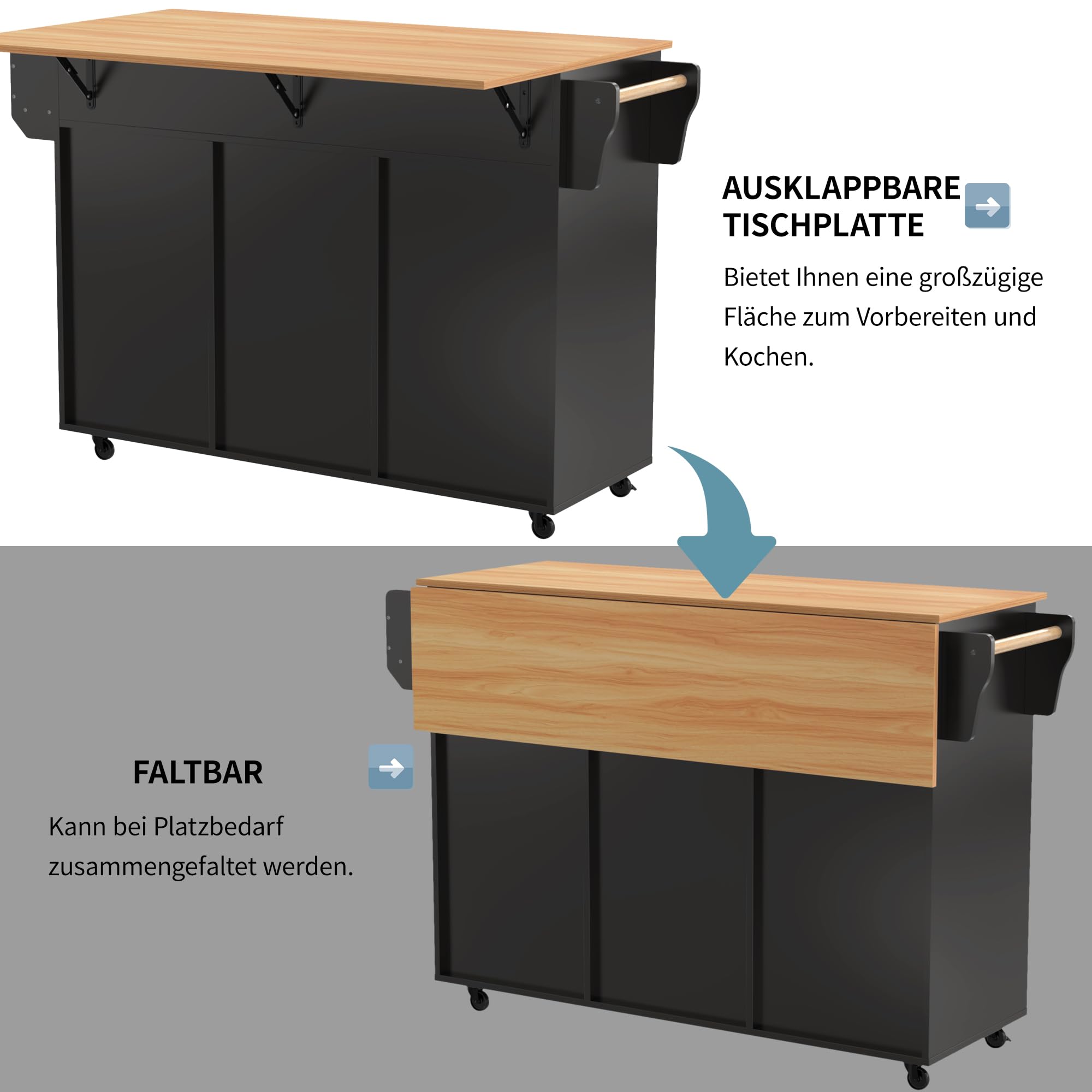 Kücheninsel mit abklappbarer Arbeitsplatte, bewegliche Kücheninsel Servierwagen auf Rollen mit 3 Schubladen/2 Schließfach/auswechselbare Massivholzfüße, 139x46(71) x91,5 cm