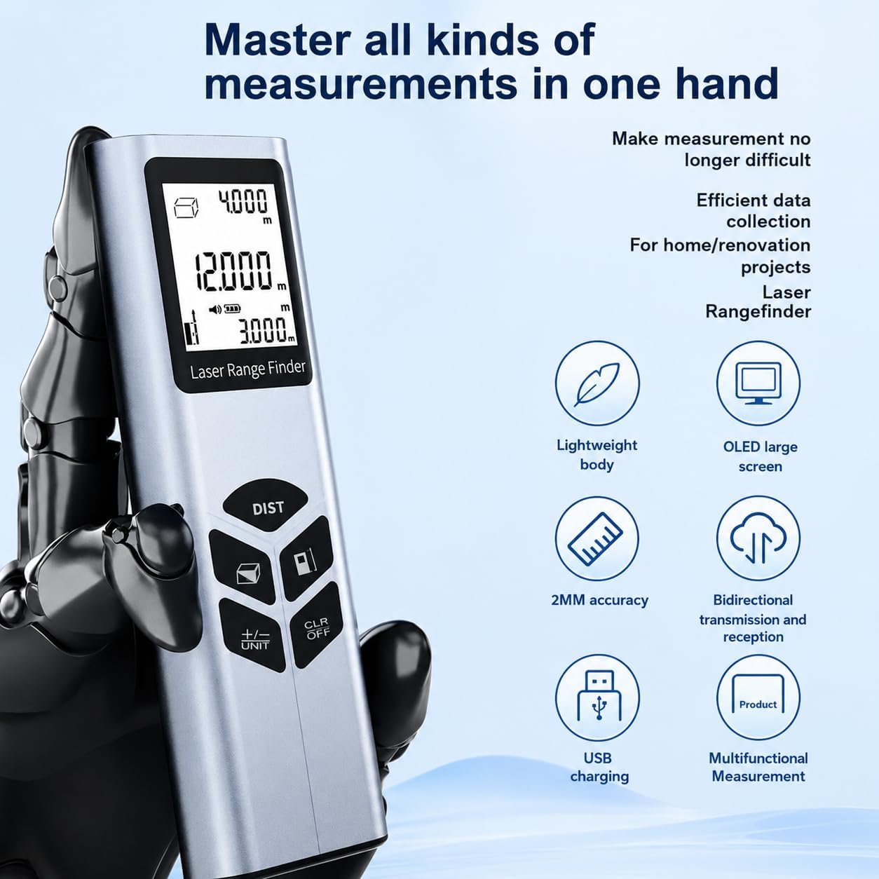 Télémètre Laser J-40/J-60 – Mesure de Distance 40 m/60 m, précision ±2 mm, Fonctions Surface/Volume/Pythagore, écran LCD rétroéclairé, Outil de Mesure Portable pour scénario Bricolage et Chantier.