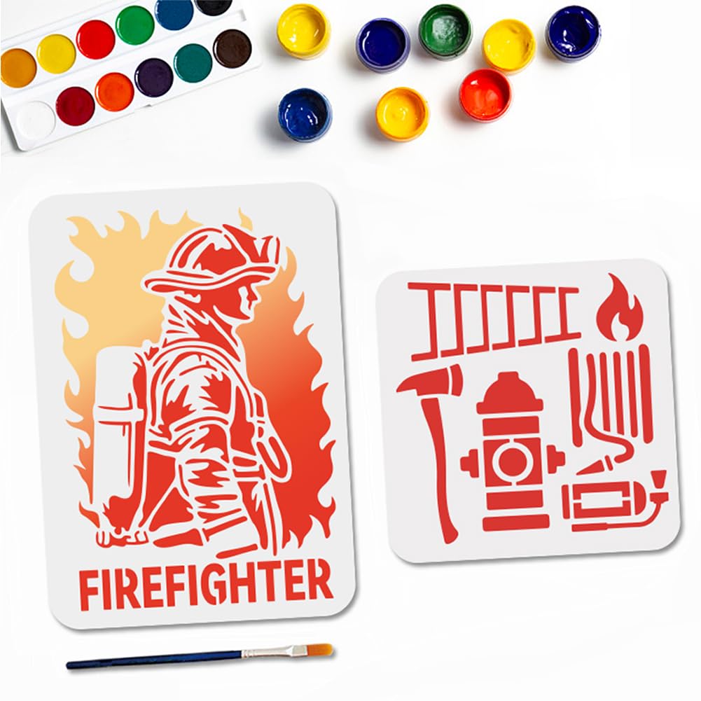 2 Style Fire Brigade Stencils Fire Extinguisher Stencil 20 × 20/29.7 × 21 cm Flame Ladder Reusable Plastic Templates with Brush for Window Wood Wall Home Decoration