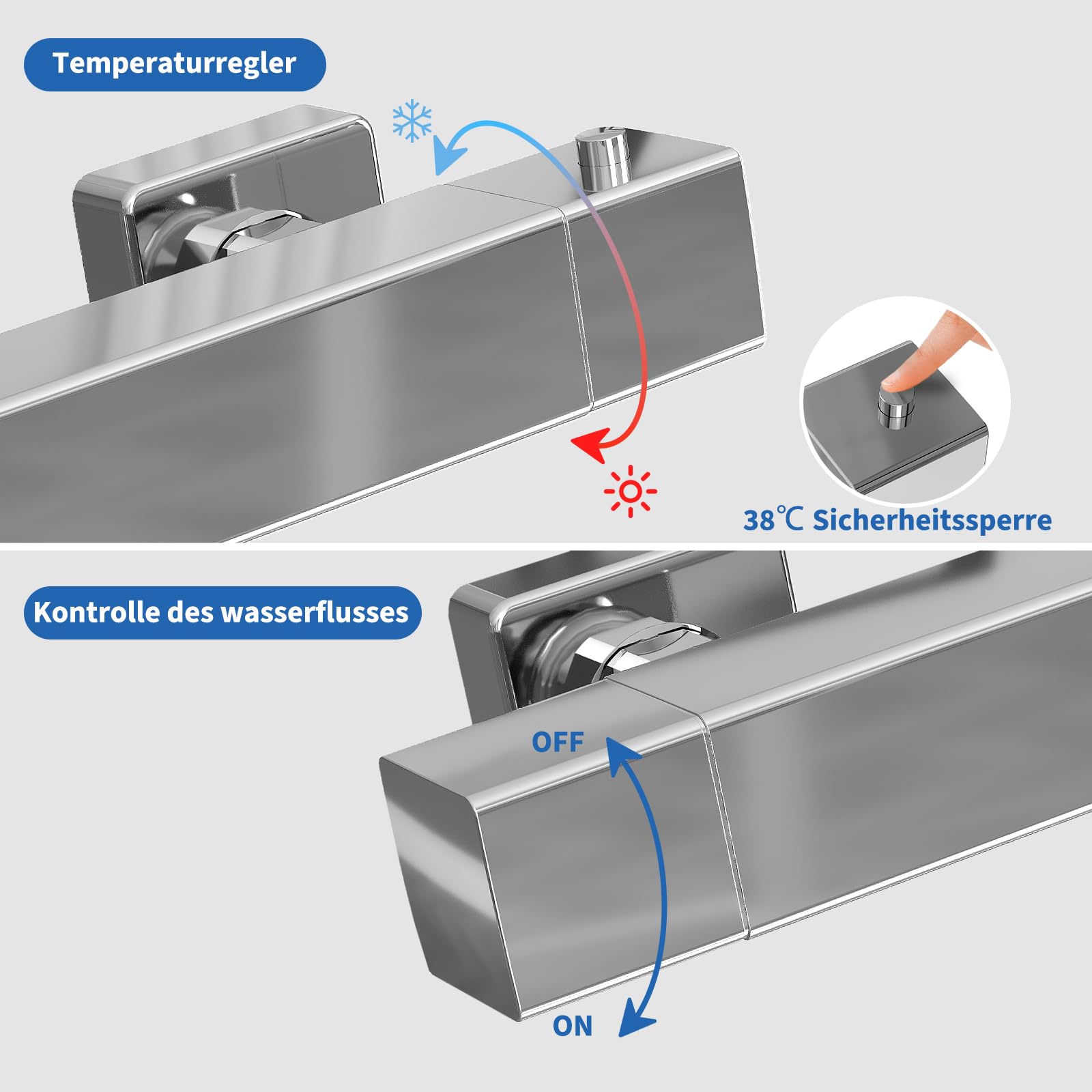 Grifo termostático de ducha con tope de seguridad de 38 °C, conector de 15 cm, grifo mezclador para ducha, sistema de ducha de latón