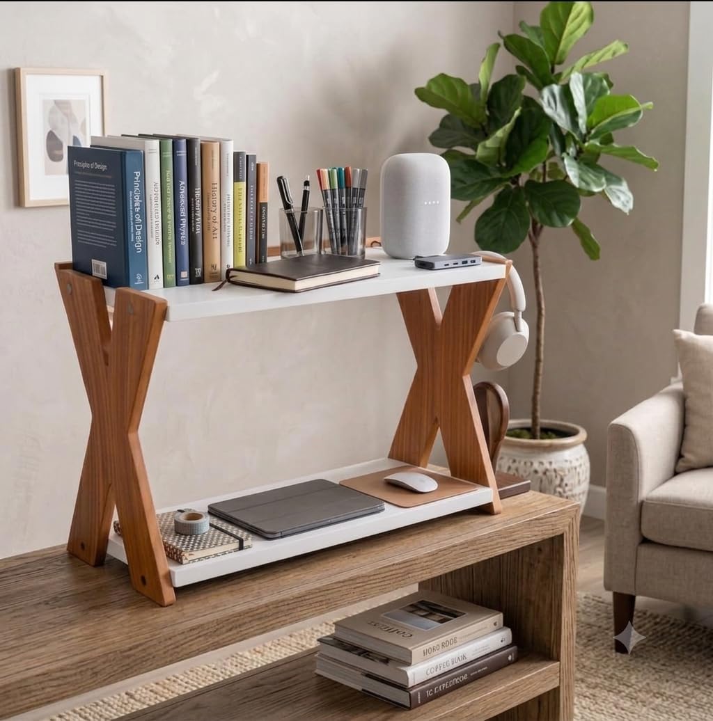 Zu Global Artisans Japanese Style MDF 2-Tier Desk Organizer Shelf | Tabletop Bookshelf, Home Office & Study, Modern Minimalist, White & Natural Wood, Living Room Use-image-24