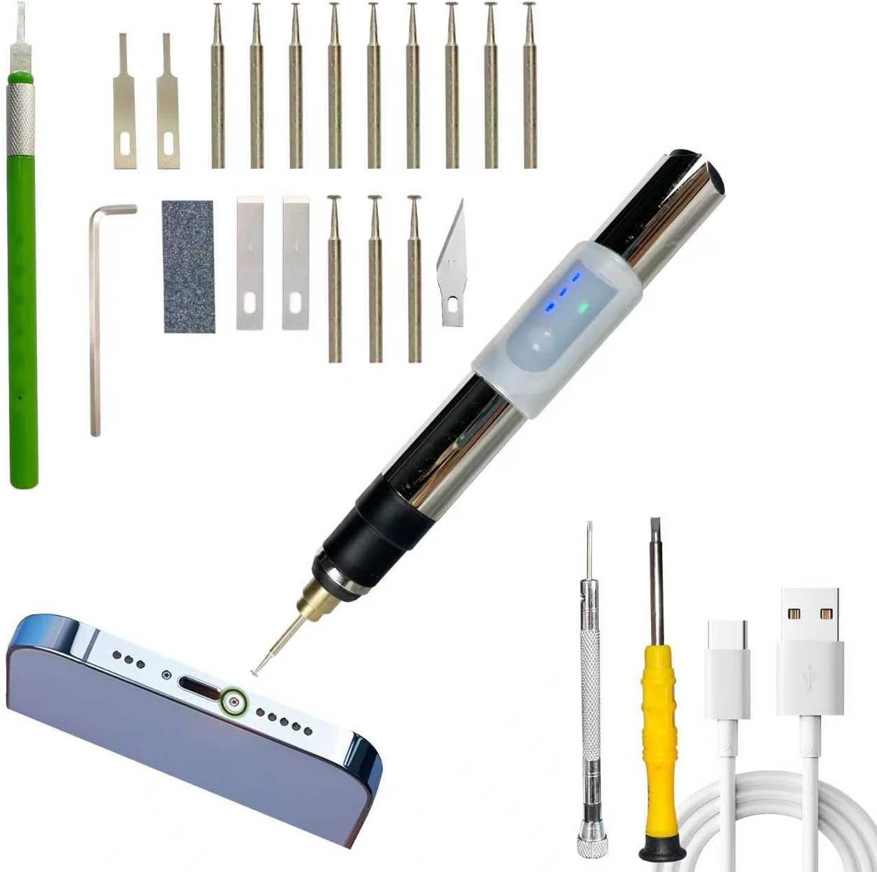 Damaged Screw Removal For Cell Phone Rechargeable Broken Screw Extractor Kit for Iphone Cell Phone Repair Tool 4 Size Grinding Heads Portable Screw Extractor for Laptop/Pad Electronic Products