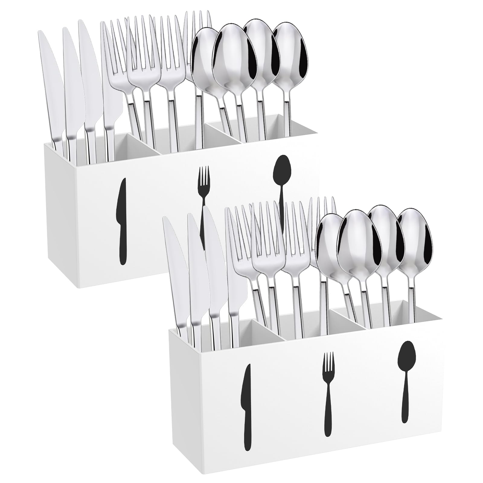 Ktcina White 2 Pcs Kitchen Utensils Holders, 3 Compartment Acrylic Utensil Caddy Cutlery Holder Organizer Silverware Caddy Flatware Organizers Kitchen Utensil Holder For Fork Spoon Knife(White)