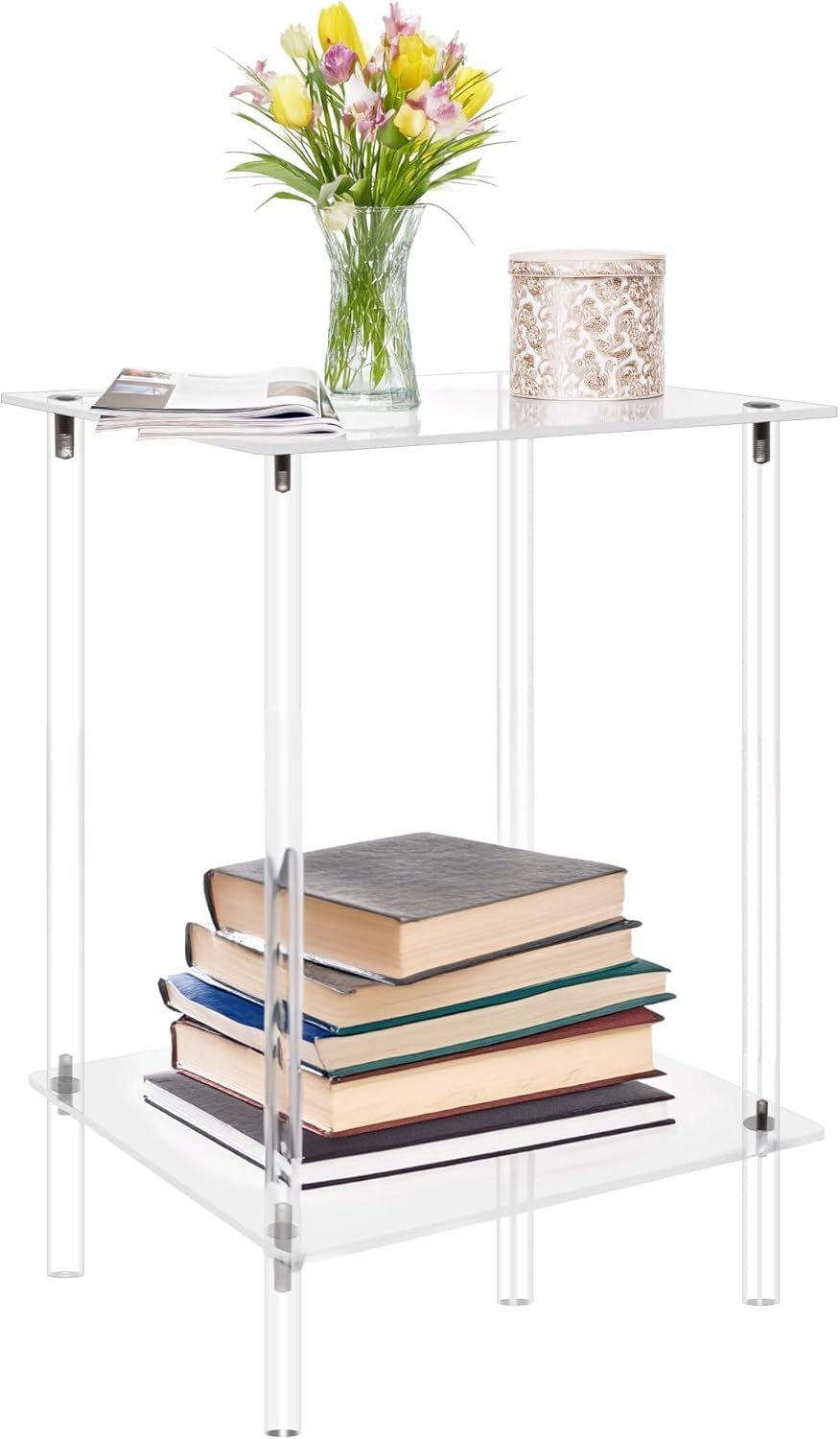 Jusalpha 2-Tier Heavy Duty Acrylic End Tables, Small Nightstand/Side Table for Living Room, Bedroom, Home Accent Side Table, 14''x 11.5''x 19.6''