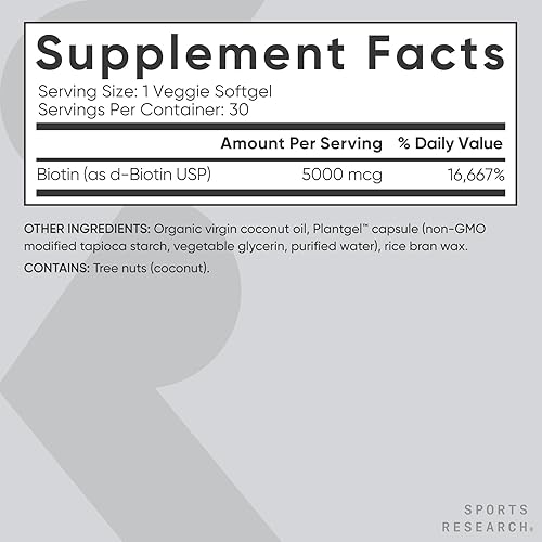 Miniatura 5 de Sports Research Suplemento de biotina vegana extra fuerte (vitamina B) con aceite de coco orgánico, apoya la queratina para un cabello y una piel