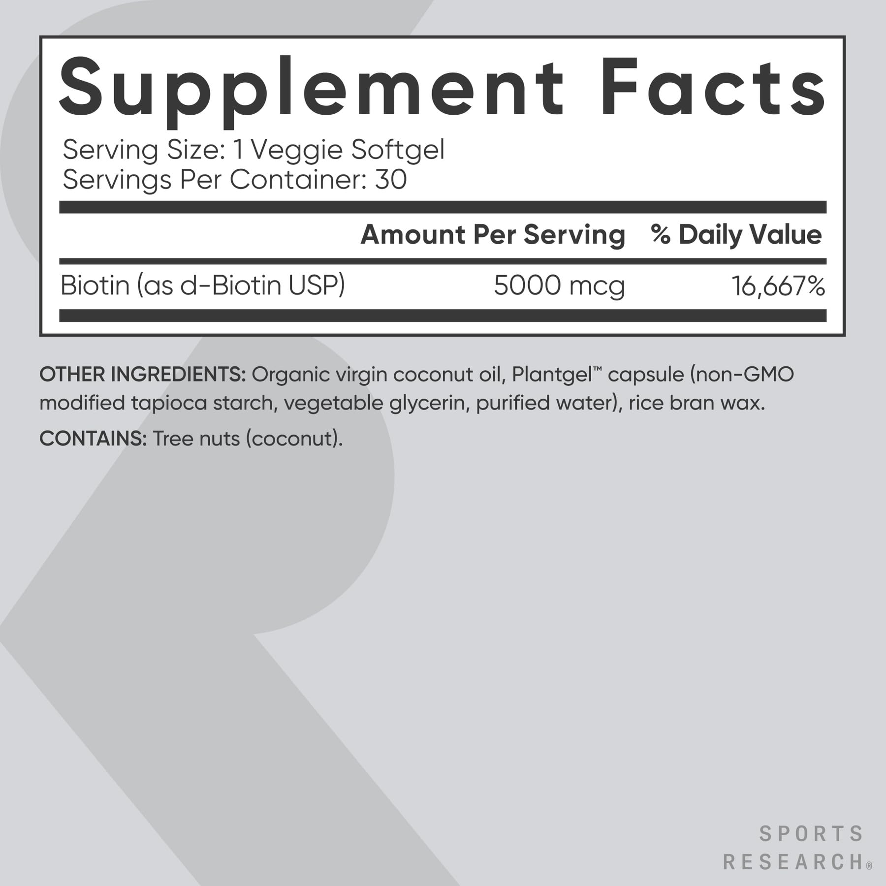 Sports Research® Biotin 5,000mcg w/Coconut Oil, 30 Count Plantgels™ — Amazon image 5