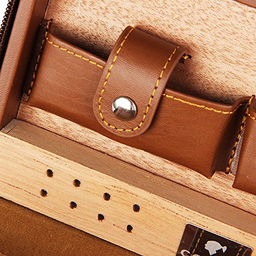 JEG Brown Genuine Leather Ceder Wood 4 to 6 Ct Cigar Humidor Travel Case Holder Gift Set - Thumbnail 2