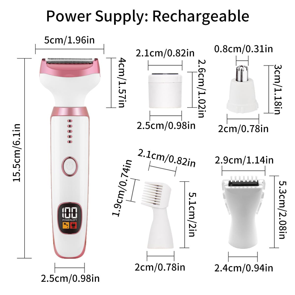 Elektrischer Rasierer für Frauen, Bikini-Trimmer für Frauen, 5-in-1-Körperrasierer für Nase, Haare, Gesicht, Augenbrauen, Arme, Beine, Achselhöhle, Achselhöhle, Schambereich, austauschbarer
