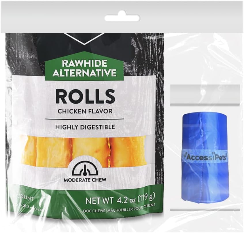 Dog Chews Bundles for Small Dogs, 2.5 Inch Rawhide Free Alternative Retriever Rolls Bundle with 1 Waste Bag Roll, Long-Lasting Dental Treats (Chicken, 4.2 oz)