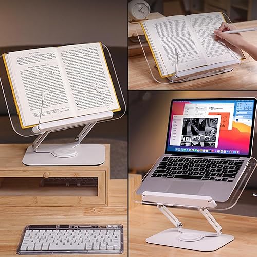 Miniatura 6 de Soporte acrílico para libros de lectura, soporte de libros de altura ajustable con base giratoria de 360 y clip de página, soporte transparente para