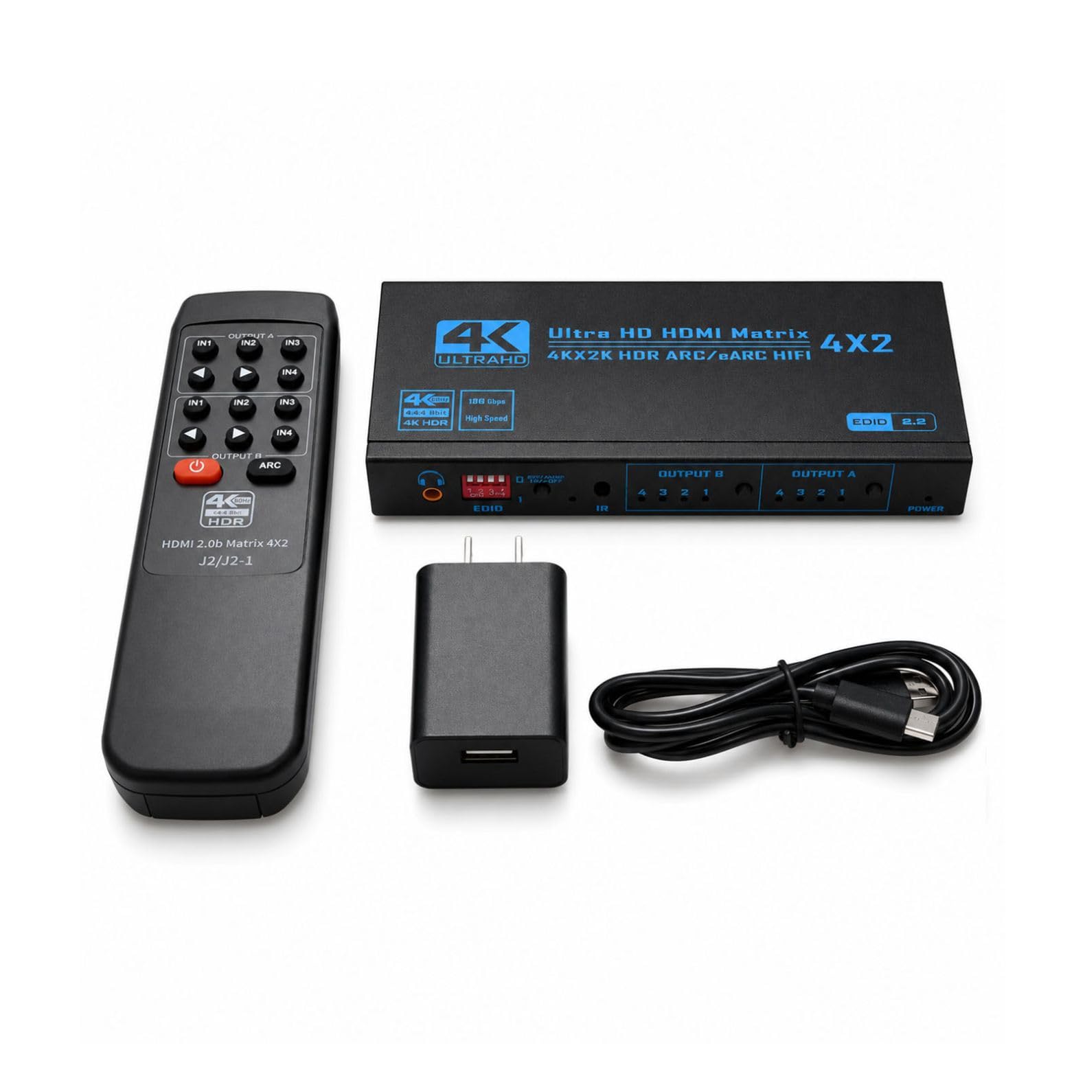 ZEZEFUFU HDMI Matrix Switch Support EDID, 4 in 2 Out 4K HDMI Switcher Splitter con ottica, uscita audio da 3,5 mm e telecomando