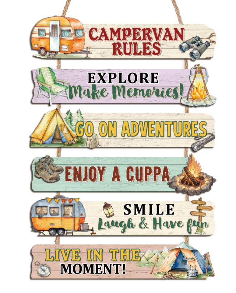 HPNIUB Campervan Rules Wooden Hanging Sign Rustic Camping Adventure Wall Plaque with Caravan Tent Campfire Inspirational Quotes Outdoor Garden Signs for Camping Lovers