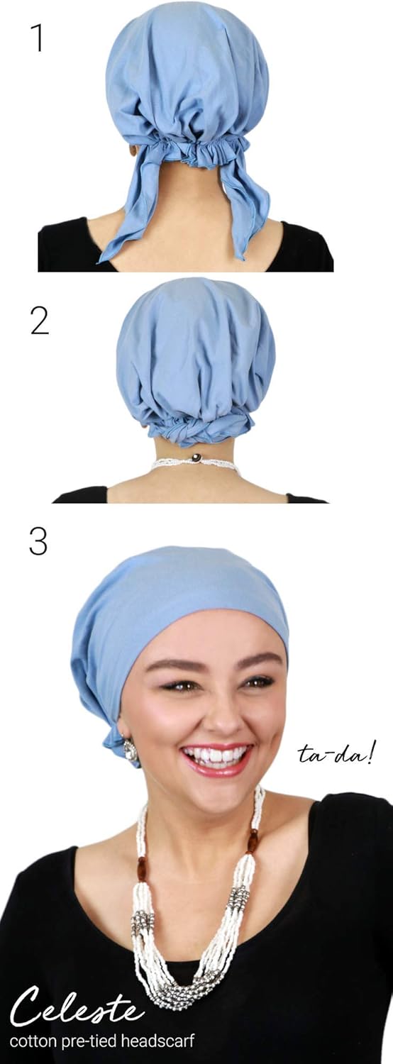 Hats Scarves & More Chemo Headwear Cancer Scarf 50+ UPF Sun Protection Pre Tied Headscarf Head Coverings Cotton Celeste - Image 2