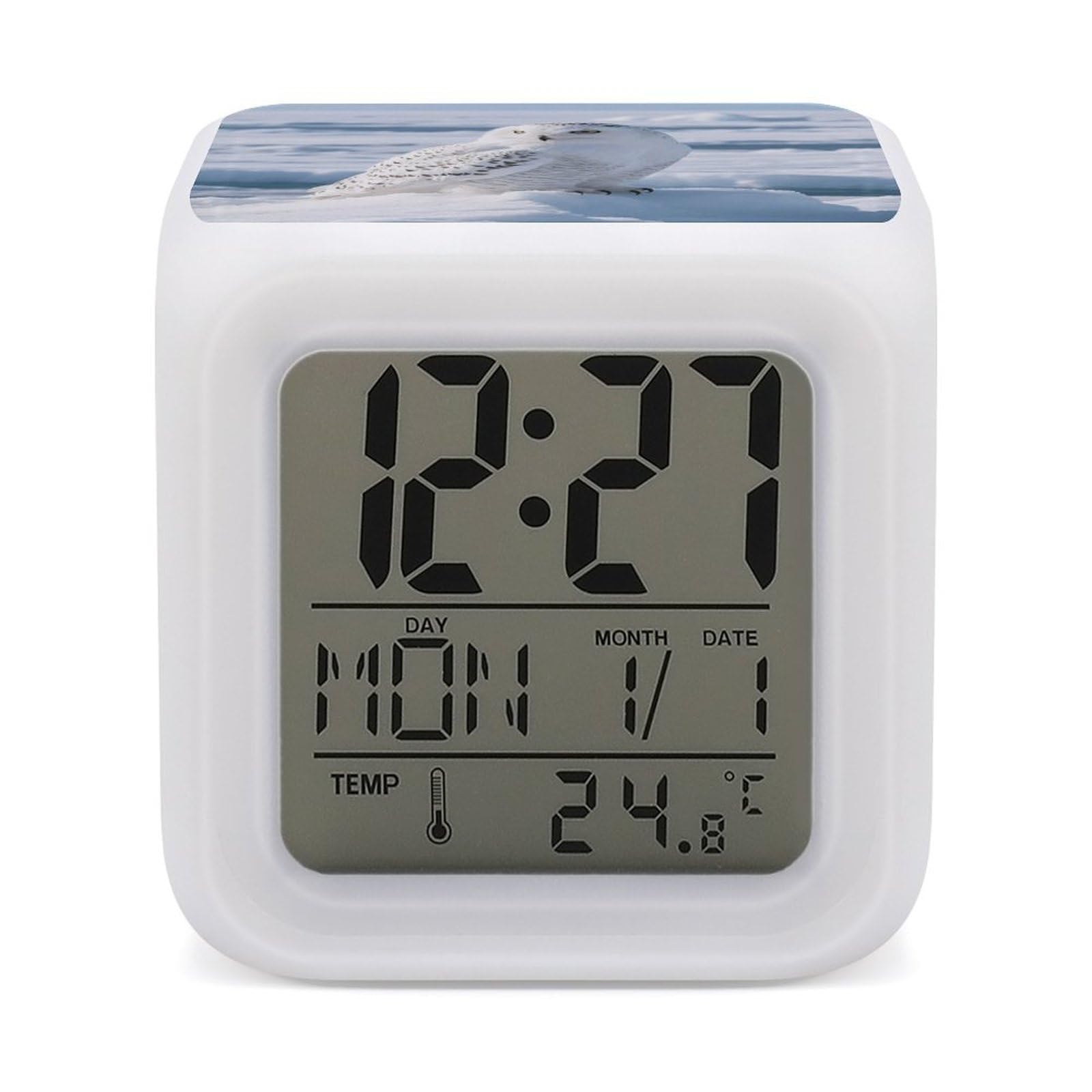 VstaDank Snowy Owl on The Ice Alarm Clock with Date Temperature Large LED Display Number Clocks with 7 Colors Changing Desk Clock Battery Operated Digital Clocks with Date for Heavy Sleepers