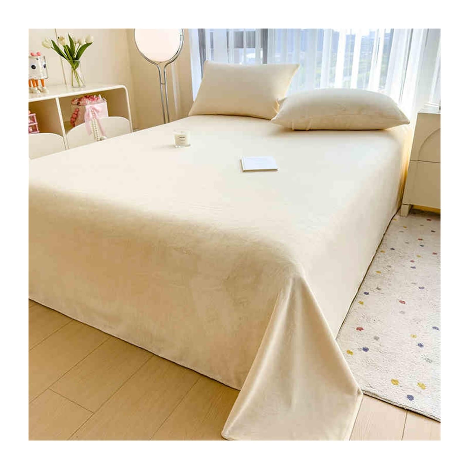Sábana Plana Franela 120x230cm 160x230cm 200x230cm 245x250cm 245x270cm Sábana Encimera para Invierno de Tacto Suave(White,245x270cm+48x74cm x2)