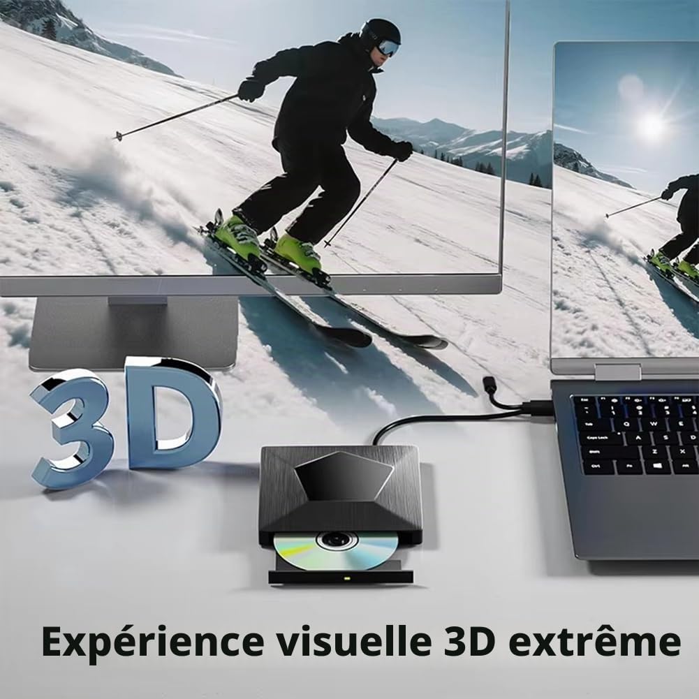 Graveur Blu-Ray Externe, Lecteur Optique Blu-Ray 3D Portable, Lecteur Blu-Ray Externe BD/CD/DVD pour PC Portable