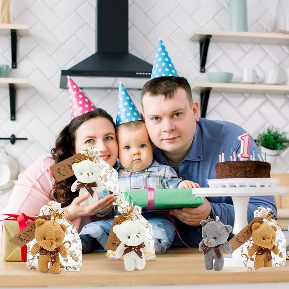 FREEBLOSS 32 lot de Mini Oursons en Peluche pour Baby Shower Cadeaux pour la Première Baby Shower avec Sachets en Organza et Étiquettes de Remerciement 4 couleurs