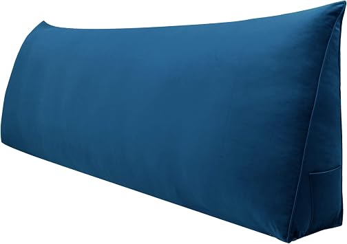 WOWMAX Large Bolster Triangular Positioning Support Reading Backrest Wedge Pillow for Headboard for Day Bed Bunk Bed with Removable Cover Velvet Deep Blue California King