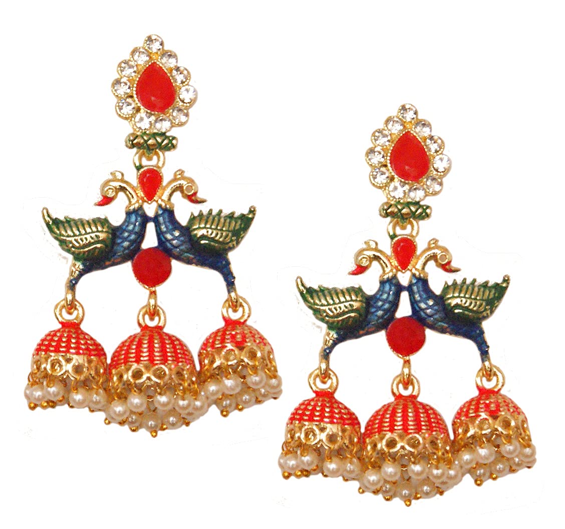 Pahal Traditional Jaipur Red Multicolor Painted Big Gold Jhumka Earrings Peacock Indian Bollywood White Pearl Polki Jewelry for Women