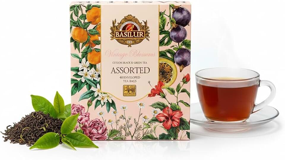 Basilur Tea Chá Preto e Chá Verde do Ceilão 4 Sabores Vintage Blossoms Collection I Caixa Rosa 40 Sachês