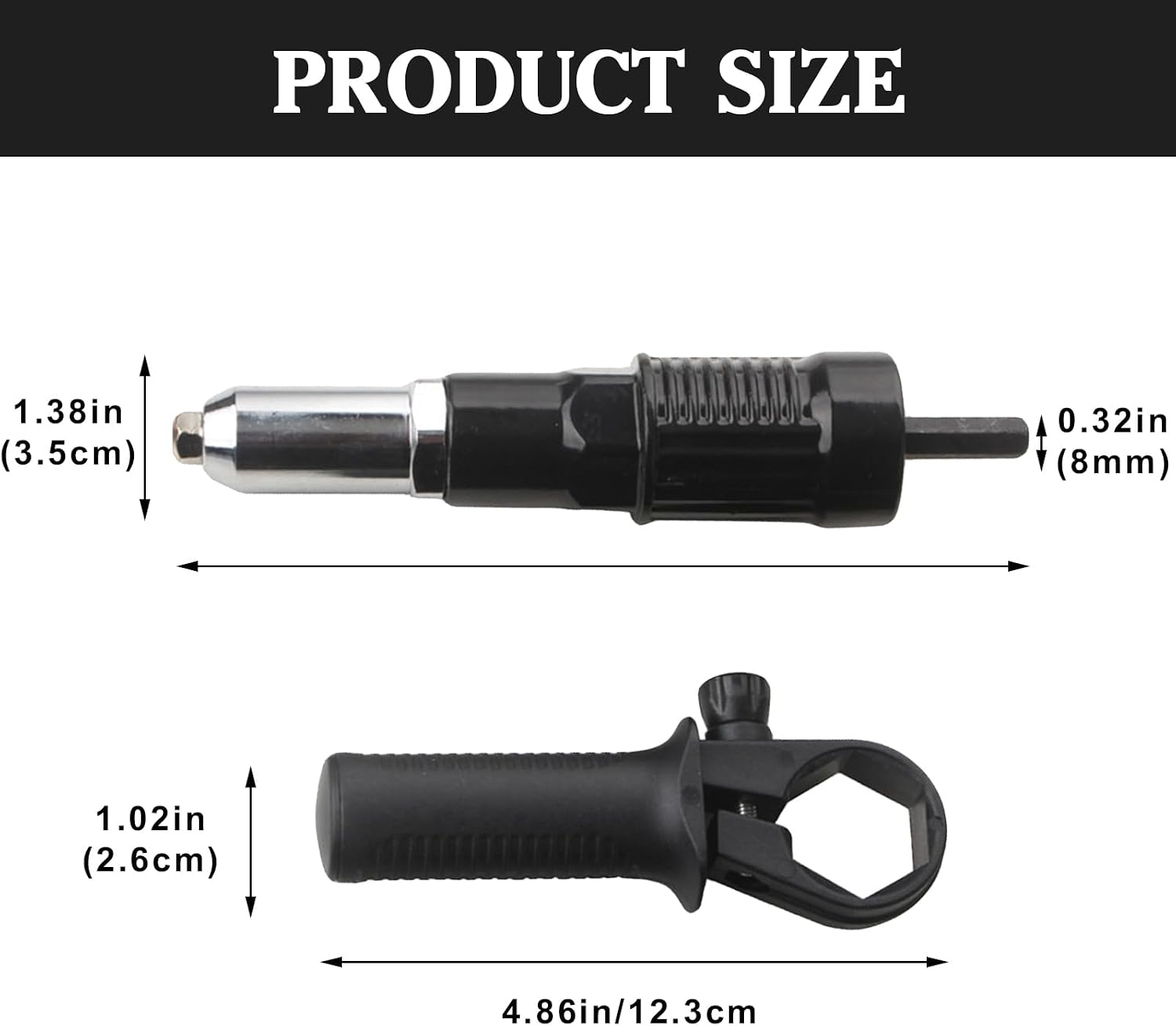 Pop Rivet Gun Adapter Kit, Rivet Drill Attachment with 4 Rivets Heads 2.4mm/3.2mm/4.0mm/4.8mm, Pop Riveting Nut Tool Drill Attachment, Universal Fit (Black)