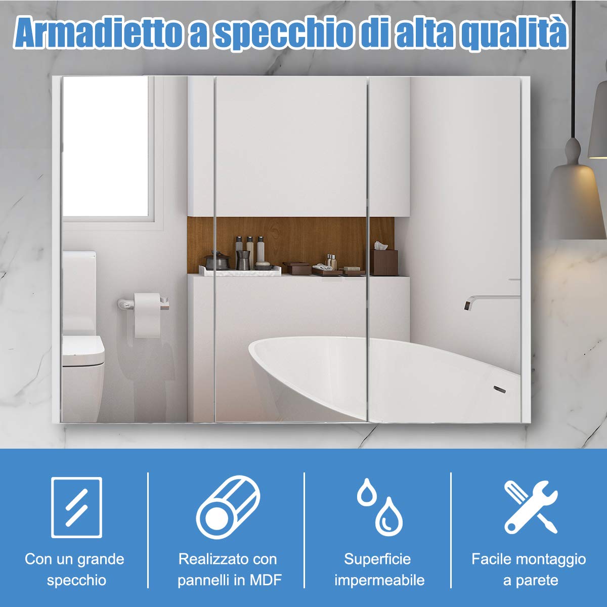 COSTWAY Armadietto Specchio Bagno con 3 Ante, 90 x 65 x 11 cm, Specchiera Bagno a Parete con Mensole Regolabili, Specchiera con Contenitore Salvaspazio per Ingresso e Soggiorno