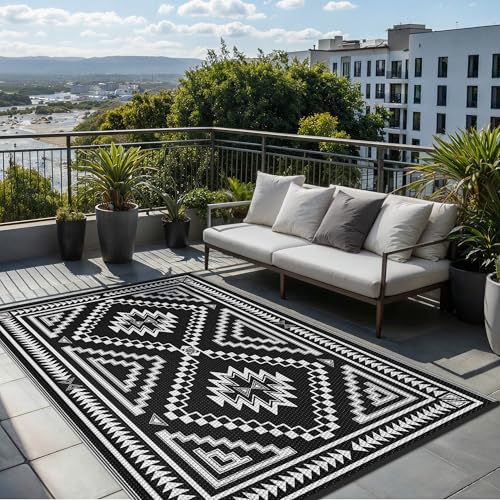 Image of GENIMO Outdoor Rug, Waterproof Plastic Rugs for Patio, 6'x9' Shadow White | Outside Larger Modern Carpet Mat for Porch Decor, Deck, Balcony, Camping, RV, Backyard, Picnic, Beach, Reversible, Foldable