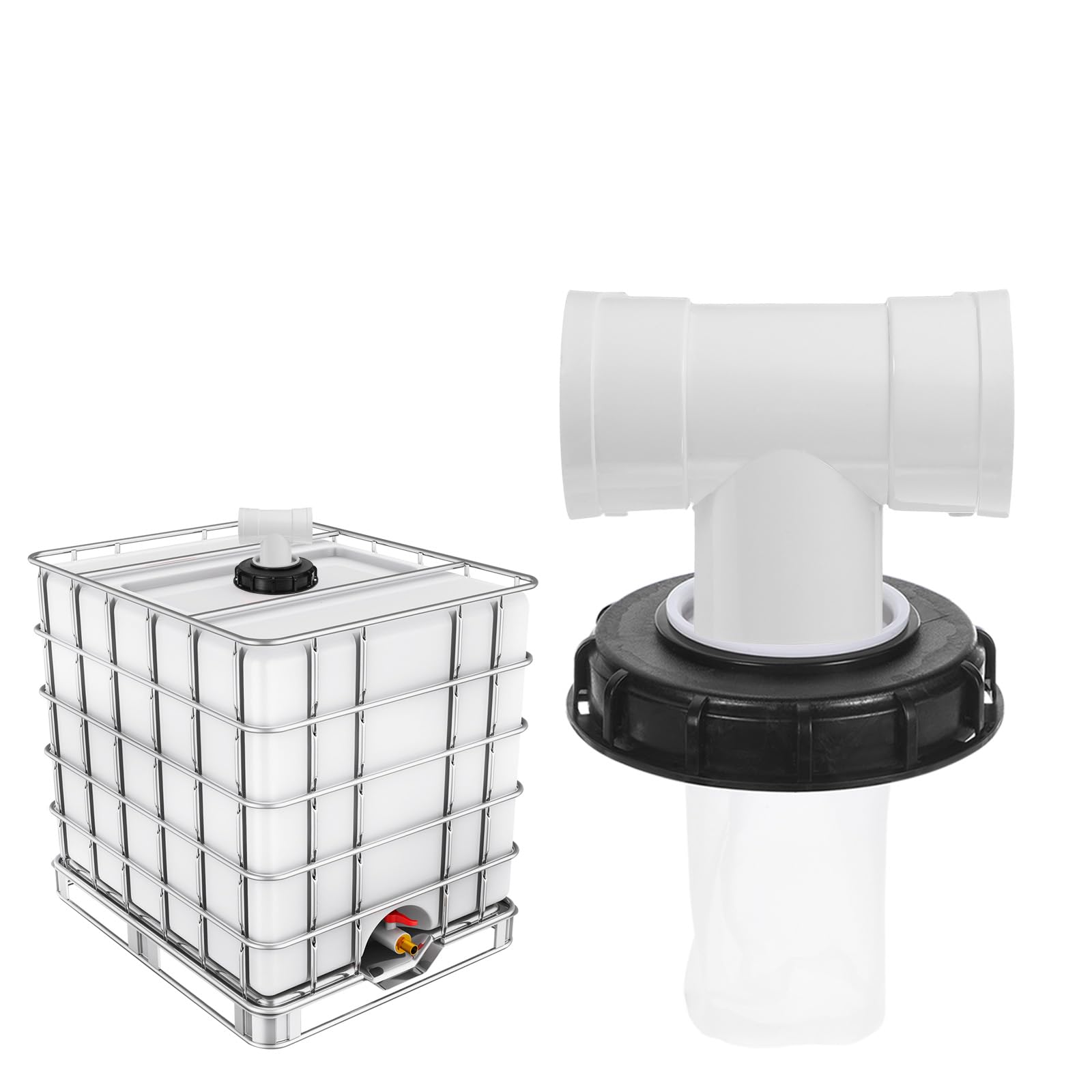QUARKZMAN 163mm Tapa de Filtro de de IBC, Adaptador de Manguera en T para Contenedor de Tanque de Agua de Lluvia de 1000L para Tanques de Agua de 275gal, Negro/Blanco
