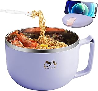 Cuenco de fideos instantáneos, 900 ml-1200 ml, a prueba de fugas, cuenco de fideos de acero inoxidable, caja bento con tapa y asa, accesorios de cocina para postres, verduras, ramen (morado, 900 ml)