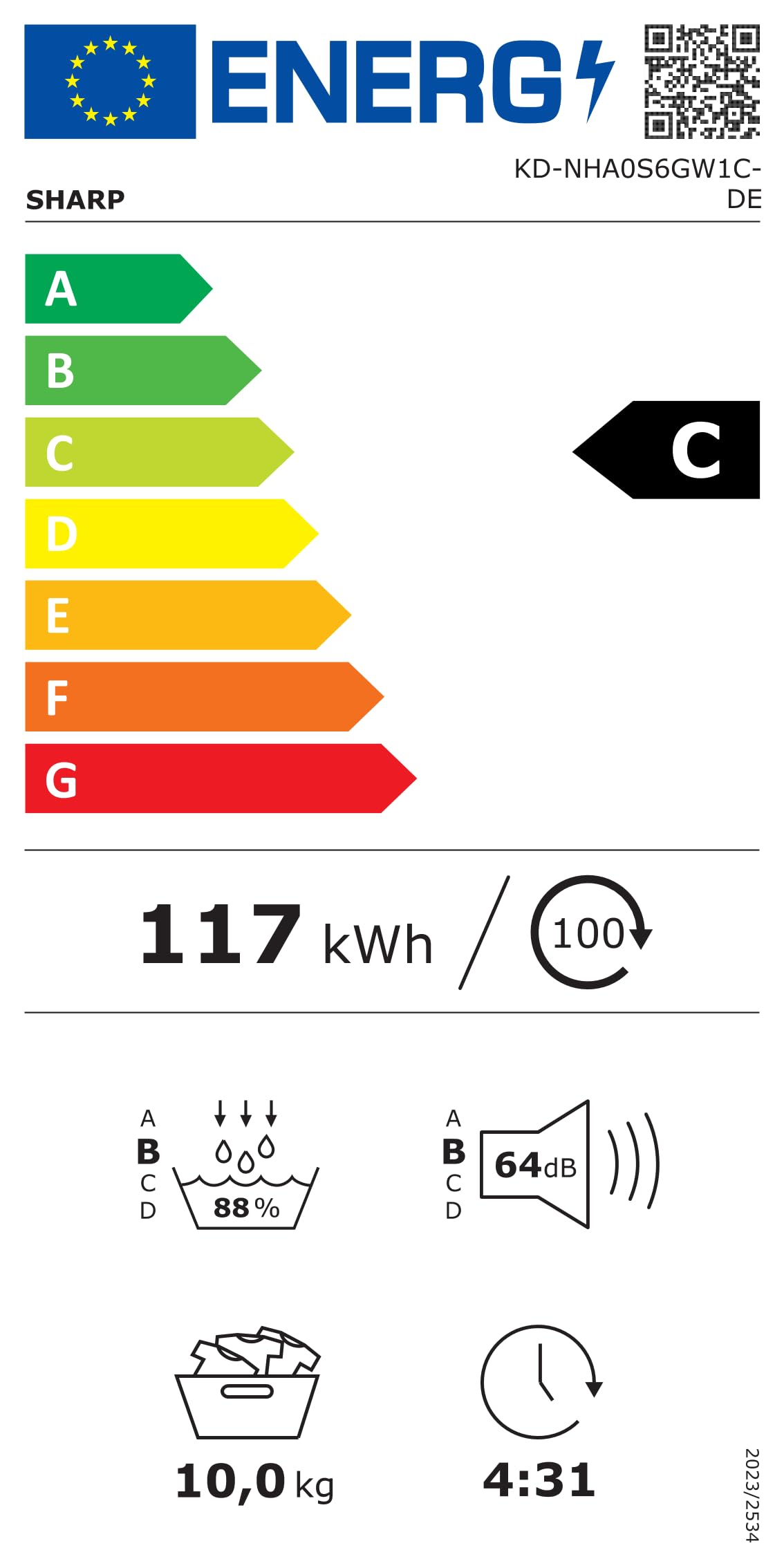 SHARP KD-NHA0S6GW1C-DE Wärmepumpentrockner (10 kg, EEK C), (15 Trockenprogramme, 20 Min. Kurzprogramm, Edelstahltrommel mit LED-Beleuchtung), Weiß
