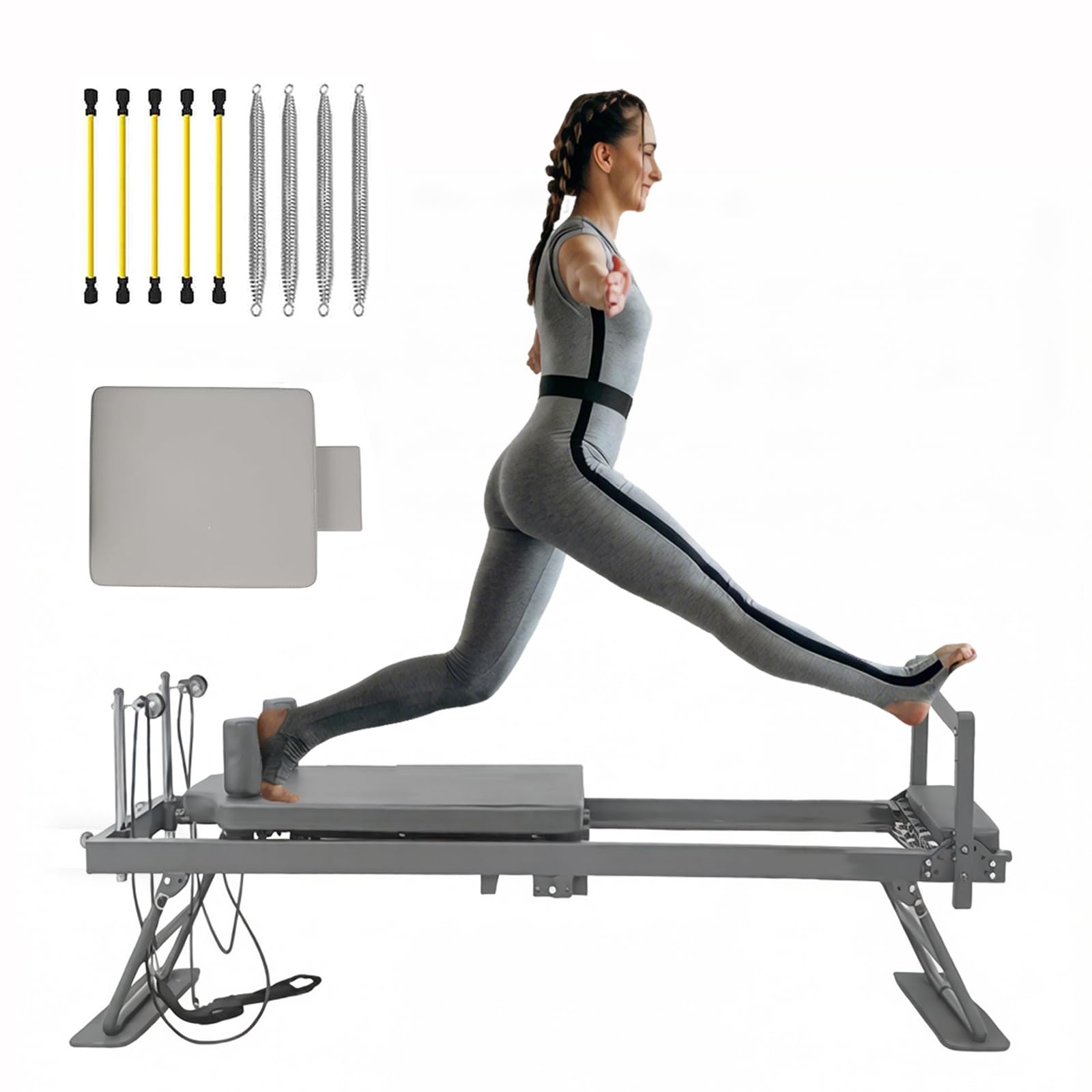 Máquina de Pilates Reformer, Máquina de Ejercicio de Pilates con 5 Resortes de Resistencia, 5 Tubos de Látex y Tabla de Saltar, Capacidad de Peso de hasta 120kg,Grey-10
