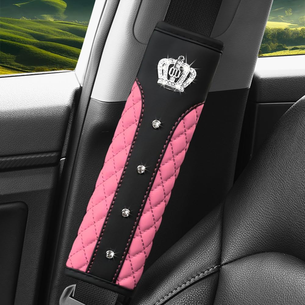 4PCS Rhinestone Crown Car Seat Belt Covers, Leather Soft Seat Belt Shoulder Pad,More Comfortable Driving Sparkling Seatbelt Strap Neck Shoulder Protective Cover (Pink) image 2