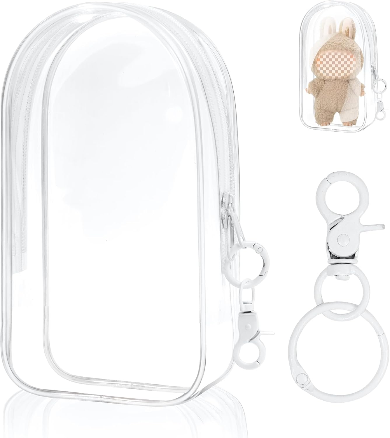 Clear Figure Display Bag with Keychain for Doll, Positive Doll Storage Bag, Pouch Keychain Charms for Collectibles (with Zipper- Waterproof) Building Block Storage Bag,7.4 * 4.2 inch
