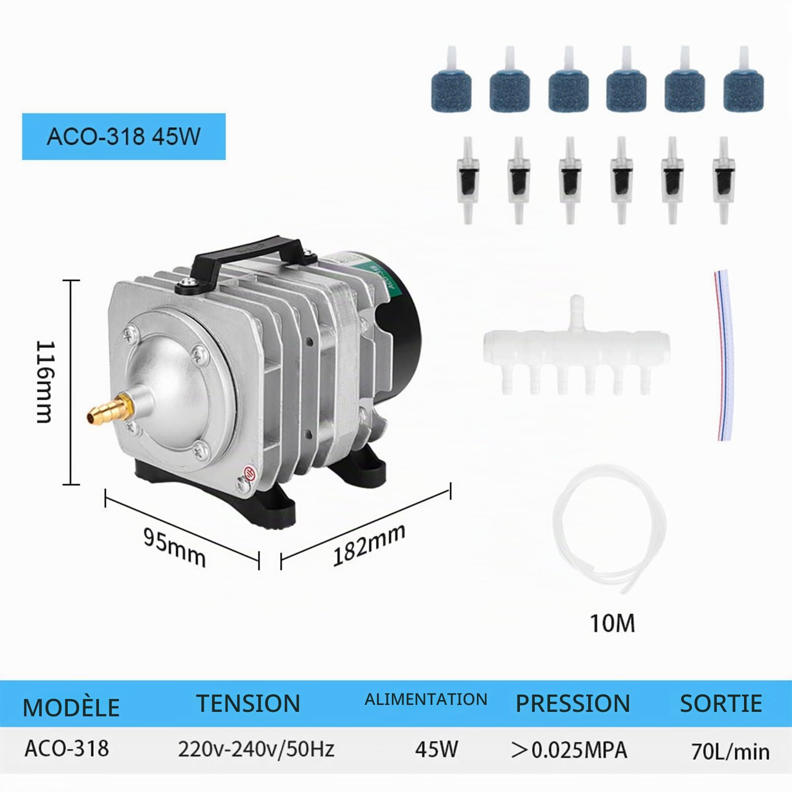 HAILEA ACO318 Compresseur d air Commercial 45W avec collecteur à 6 vannes pour Aquarium bac Poissons Fontaine étang hydroponie Comprend 10m de Tuyau Anti-Retour Pierres