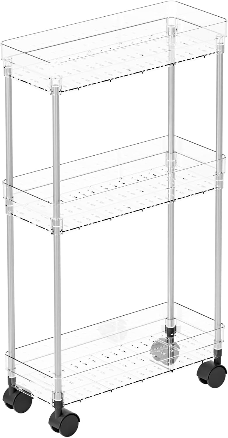Yieach Clear 3 Tier Slim Storage Cart with Wheels,5.1″W Narrow Rolling Cart Between Washer and Dryer Storage,Small Thin Bathroom Storage Shelf for Kitchen,Toilet Side,Skinny Laundry Room Organization