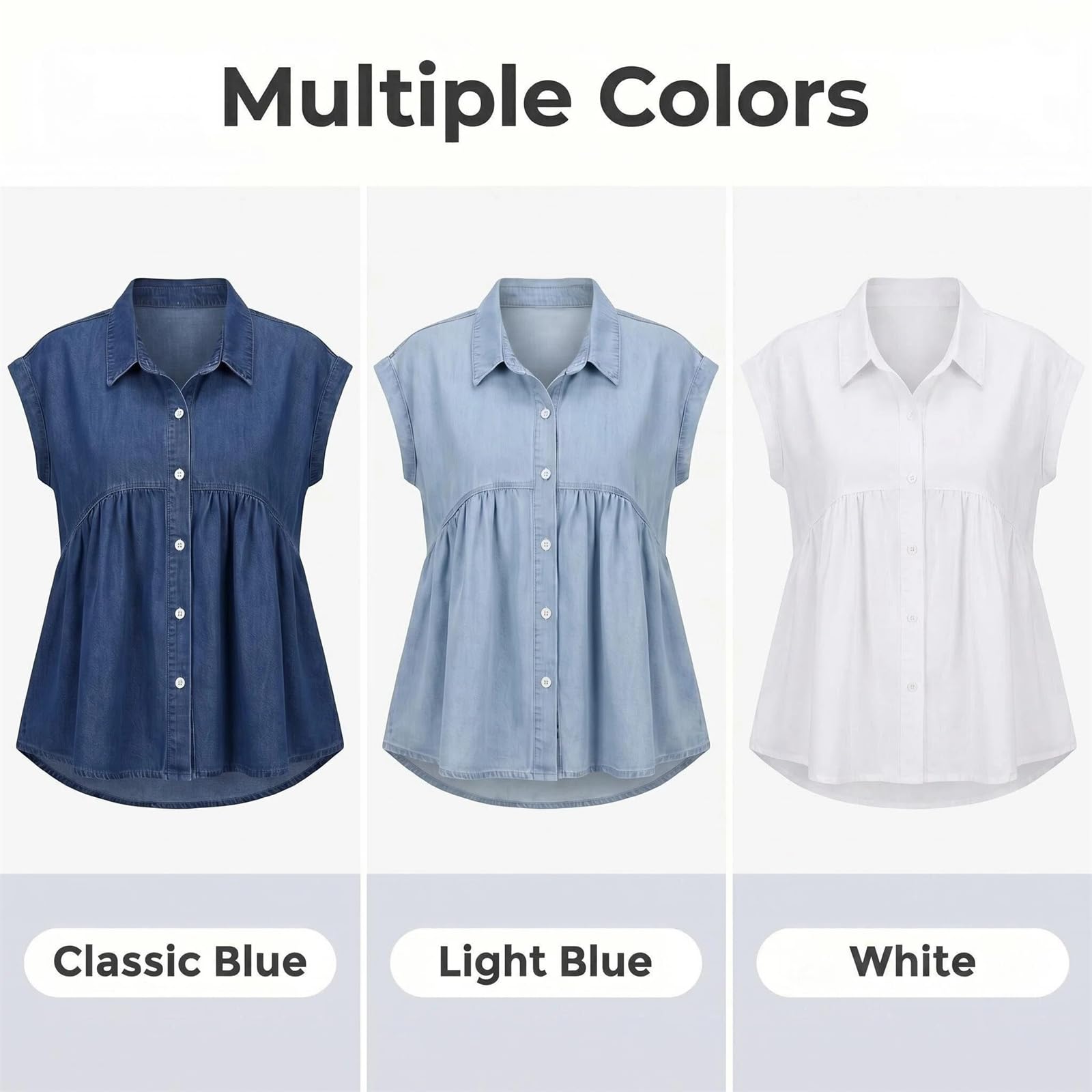 Camisa Vaquera Abotonada para Mujer | Diseño Babydoll Peplum | Solapa y Manga Corta | Blusa Casual de Mezclilla | Estilo Veraniego, Fluido y con Volantes