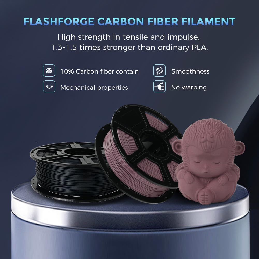 FLASHFORGE Filamento PLA in Fibra di Carbonio 1,75mm, Filamento per Stampante 3D PLA Rinforzato con Fibra di Carbonio, Bobina da 1kg Precisione dimensionale +/- 0,02mm, Alta Resistenza all'abrasione