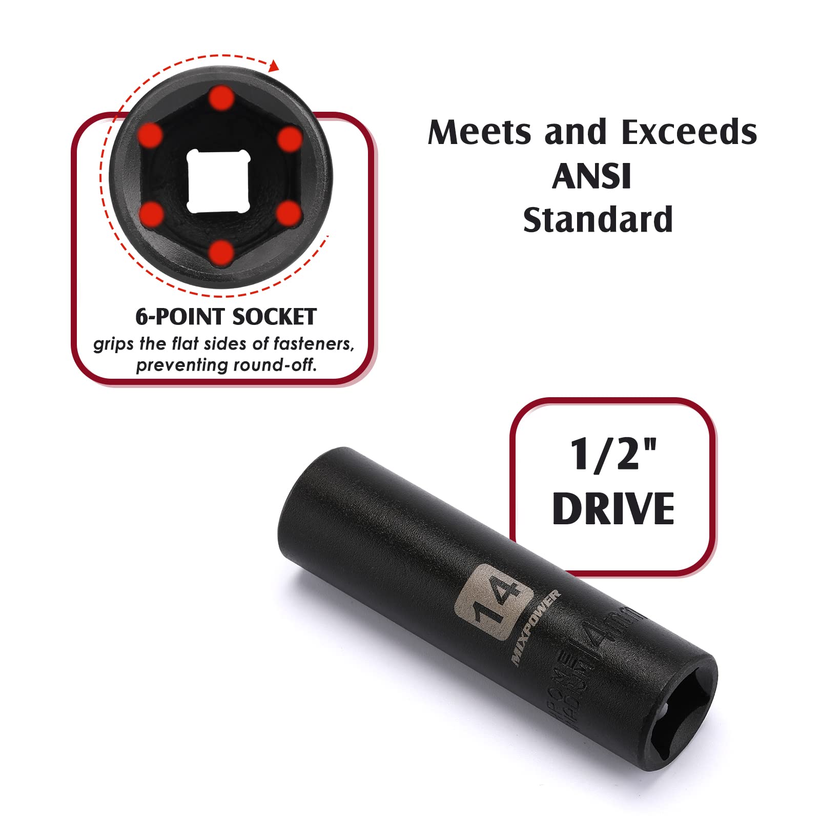 MIXPOWER Set di 49 bussole a percussione da 1/2", profondo/poco profondo, (8 mm-32 mm), CR-V, metrica, include barre di estensione, adattatori, giunto universale a impatto