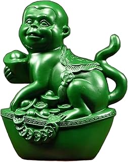 Monkey Statue Small Wooden Chinese Feng Shui Monkey Figurines New Year Gift Zodiac Animal Sculpture Home Office Tabletop Ornaments for Luck Success Wealth (Green)