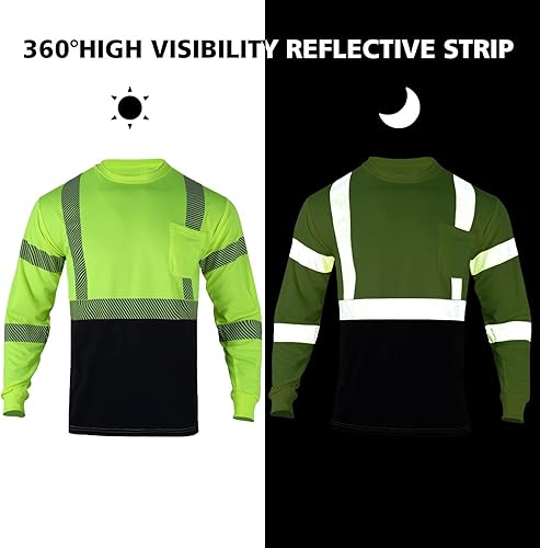 Miniatura 6 de FONIRRA Camisas de seguridad para hombre, alta visibilidad, reflectantes, ANSI Clase 2, Hi Vis, camisetas de trabajo de construcción de manga larga