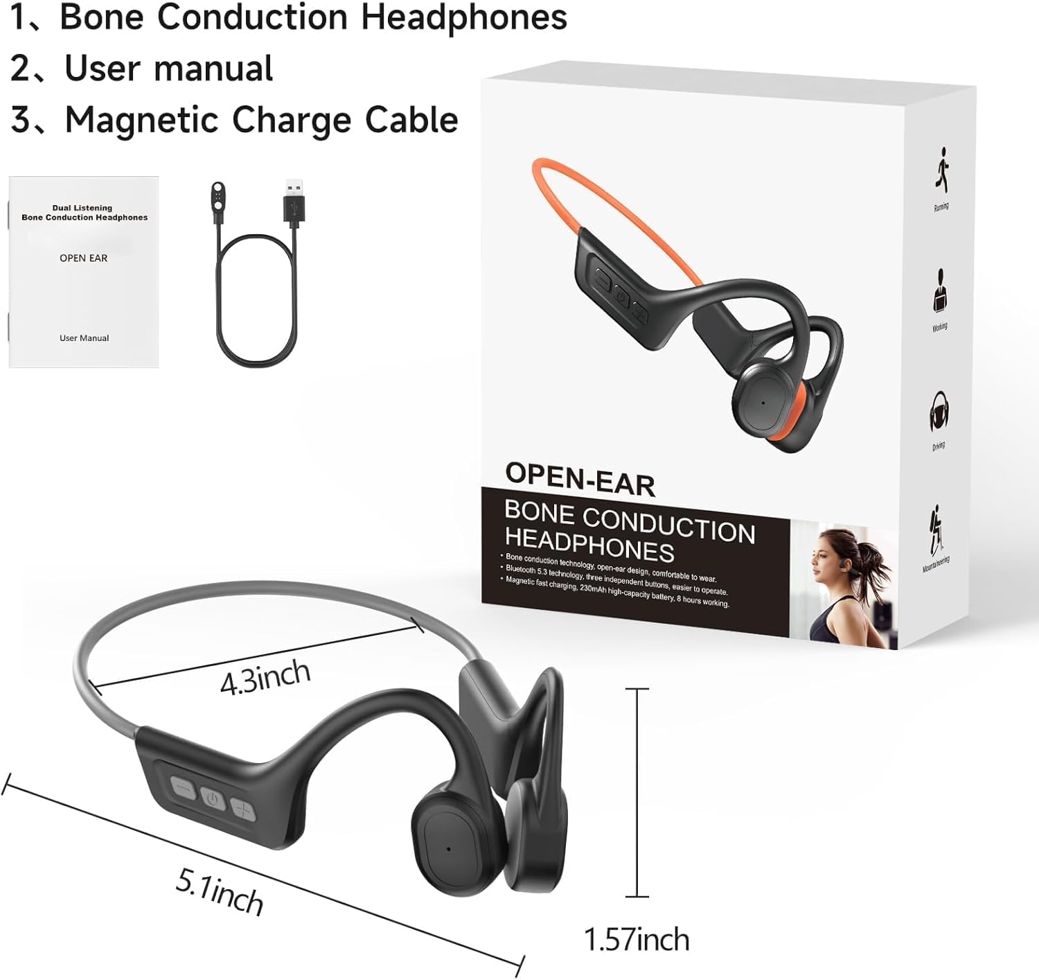 Generico Cuffie Conduzione Ossea,Impermeabilità IP67,Auricolari Wireless Bluetooth 5.3 con Microfono, Open Ear Auricolari Bluetooth per Corsa (Grigio)