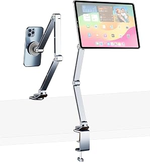 Magnetic Tablet Stand for Desk Aluminum Alloy Phone iPad Desk Holder Overhead Arm Mount with 360°Rotate Base for Magsafe/iPhone/Android/iPad (Magnetic Silver)