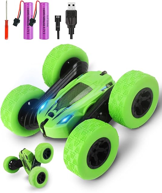 KALAHOL Remote Control Cars, 4WD RC Car 360° Double Side Flips, 2.4GHz Radio Controlled High Speed Stunt Car, for Kids,LED RC Car Toy for 3 4 5 6 7 8 9 Years Old Boys Girls Gift(Green)