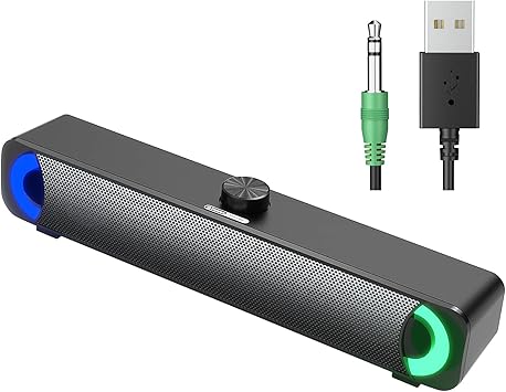 USB Computer Speaker, RGB Desktop Soundbar, Wired Sound Bar with Standard 3.5mm AUX jack and USB Interface, PC Speakers for Desktop, Laptop, MP4, Plug and Play